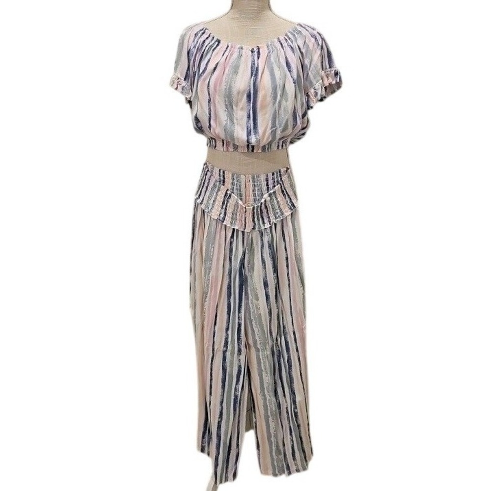Ocean Drive Pastel Stripe 2 Piece Set Crop Top Palazzo Pants Rayon Medium